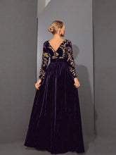 Mgiacyv V-Neck Glamorous Sequin Elastic Waisted Long Sleeve Velvet Dress